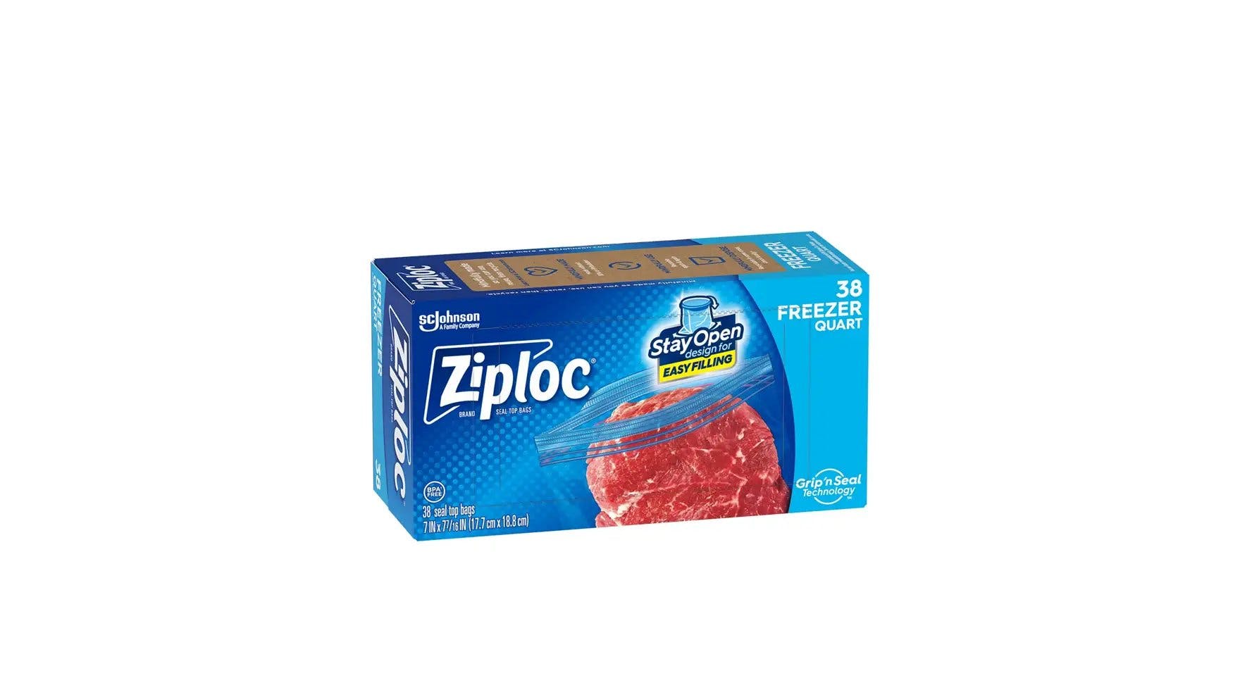Front of Ziploc medium quart sized freezer bag box.