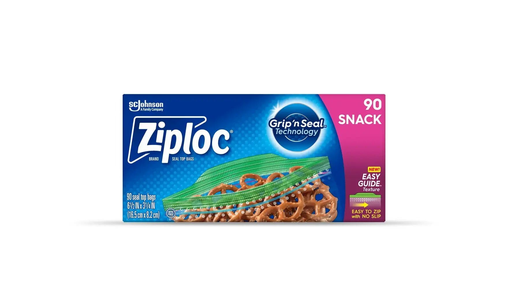 Front of Ziploc snack bag box.
