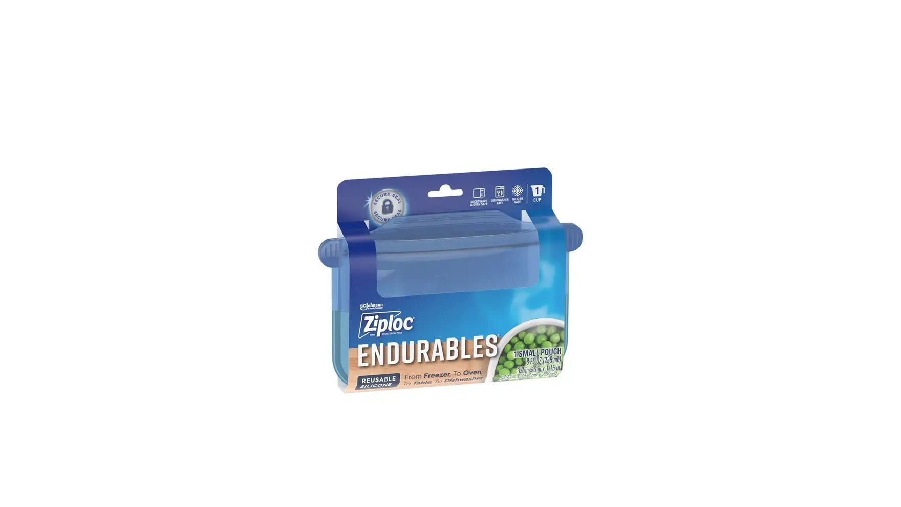 Front of Ziploc Endurables small pouches packaging.
