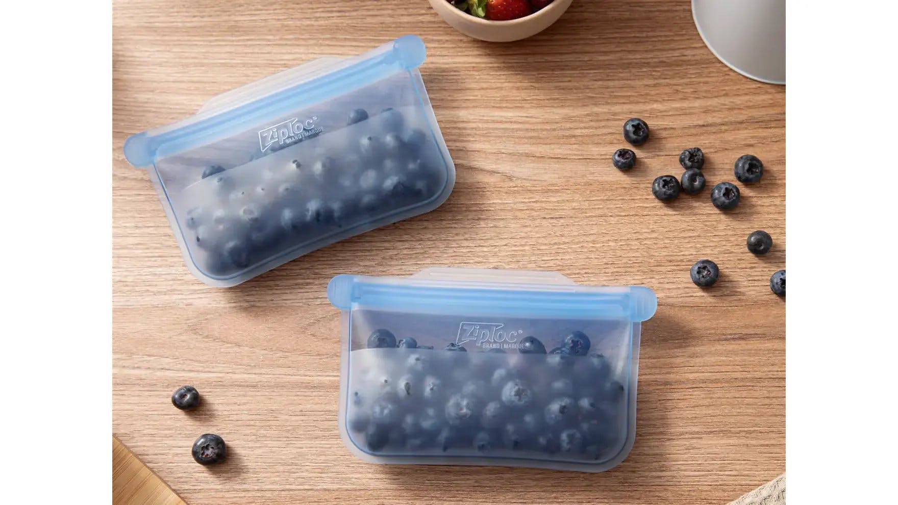 Two Ziploc Endurables small pouches filled with blueberries.