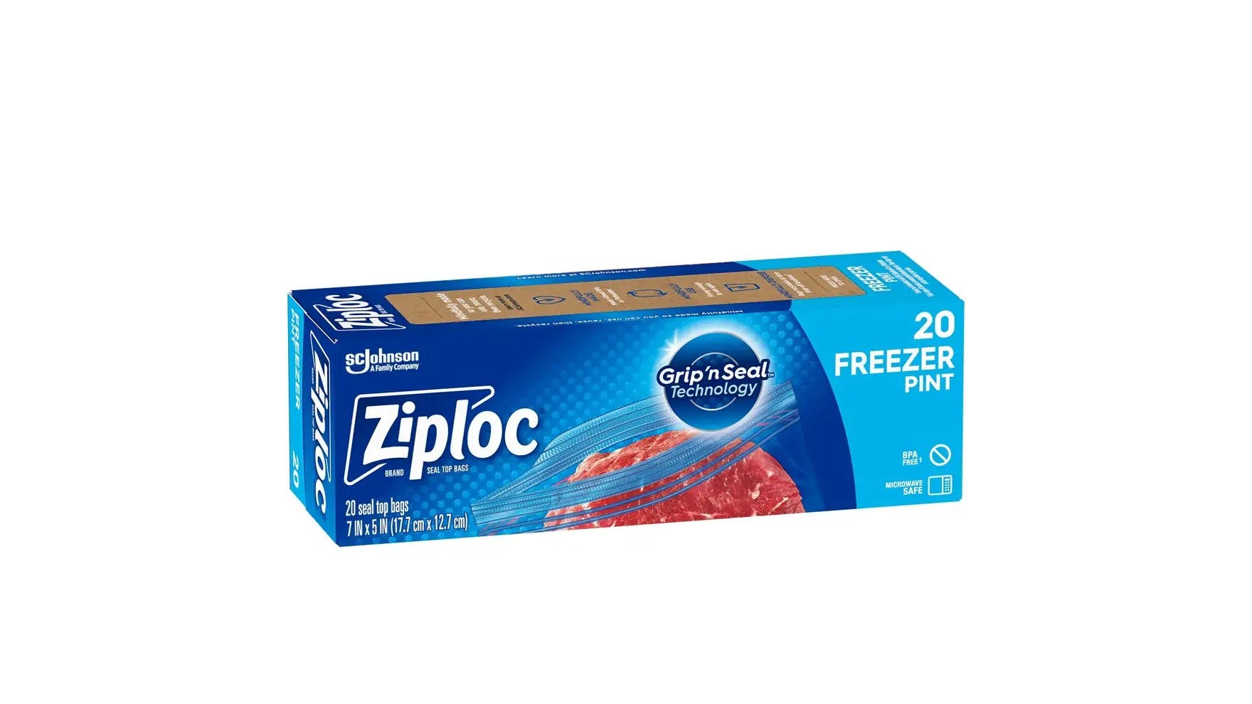 Front of Ziploc small pint sized freezer bag box.