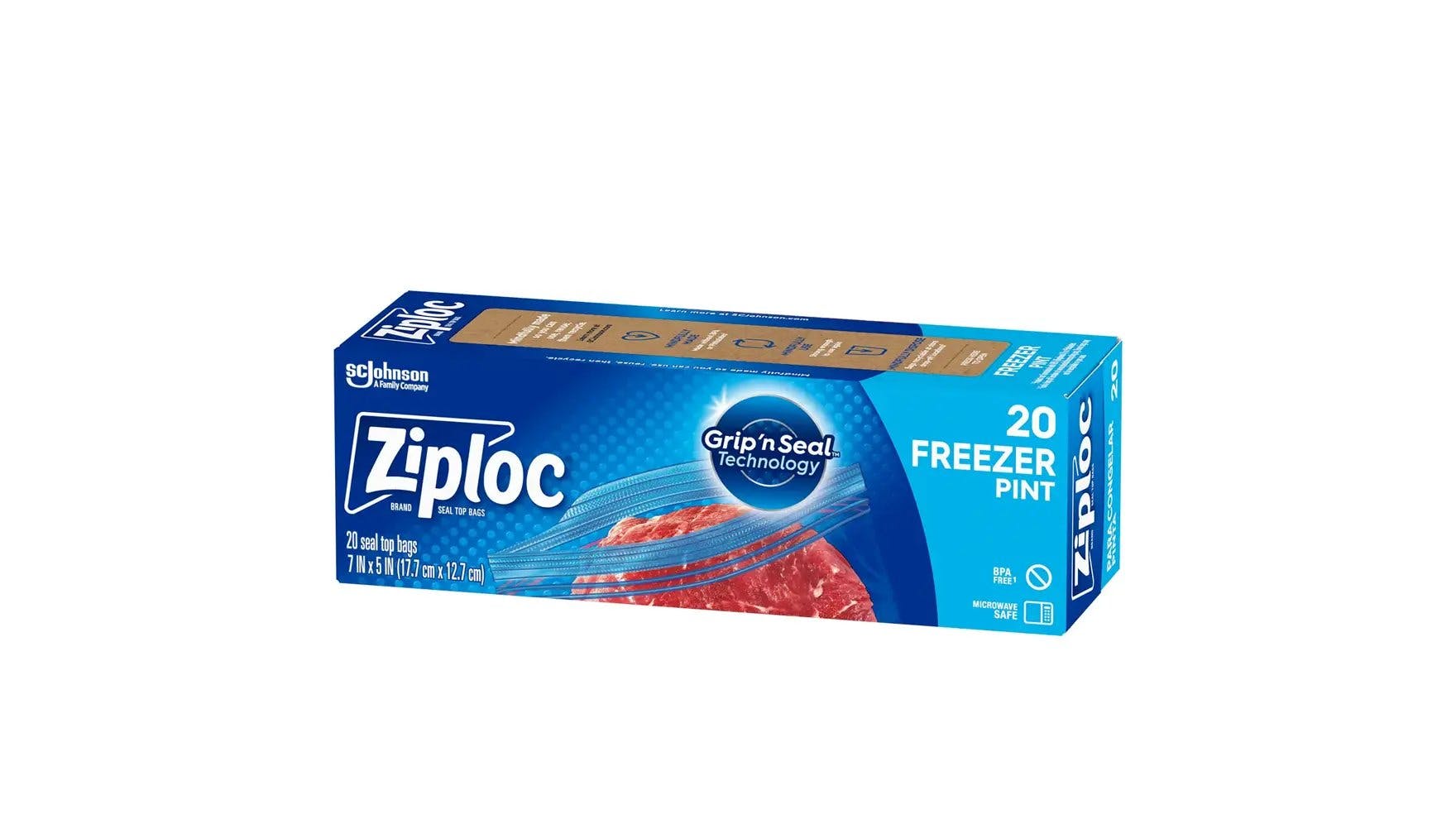 Front of Ziploc small pint sized freezer bag box.